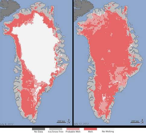 Confronto fra la superficie coperta dai ghiacci l'8 luglio e il 12 luglio 2012 Ghiacciai Groenlandia