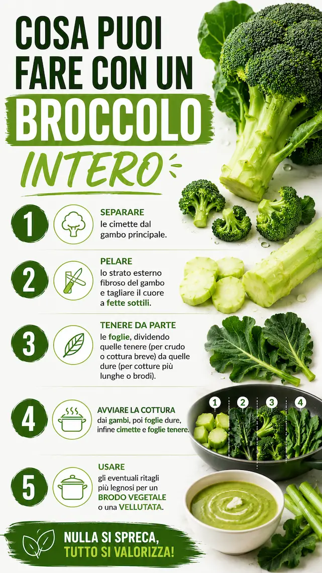 Infografica illustrativa e descrittiva sul gambo del broccolo che si mangia Infografica il gambo del broccolo si mangia