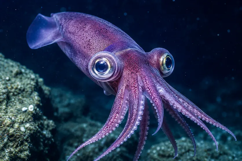 Il calamaro viola (Rossia pacifica) in evidenza