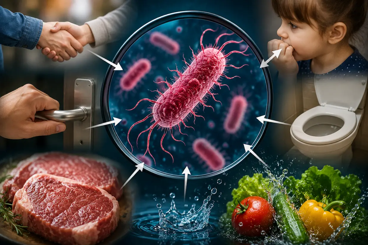 Escherichia coli al microscopio, batterio responsabile di infezioni intestinali Escherichia coli: come si trasmette