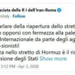 Iran, Teheran: Riapertura Hormuz? Italia chieda stop aggressione Usa-Israele