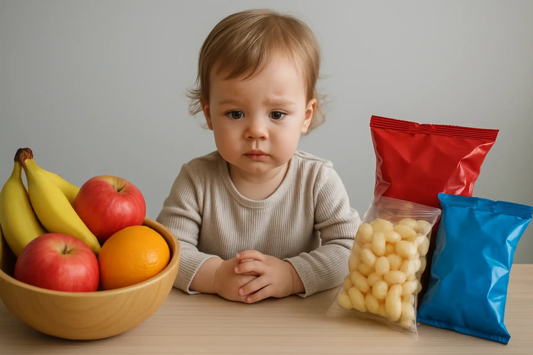 Bambino di fronte a frutta e snack confezionati, scelta alimentare