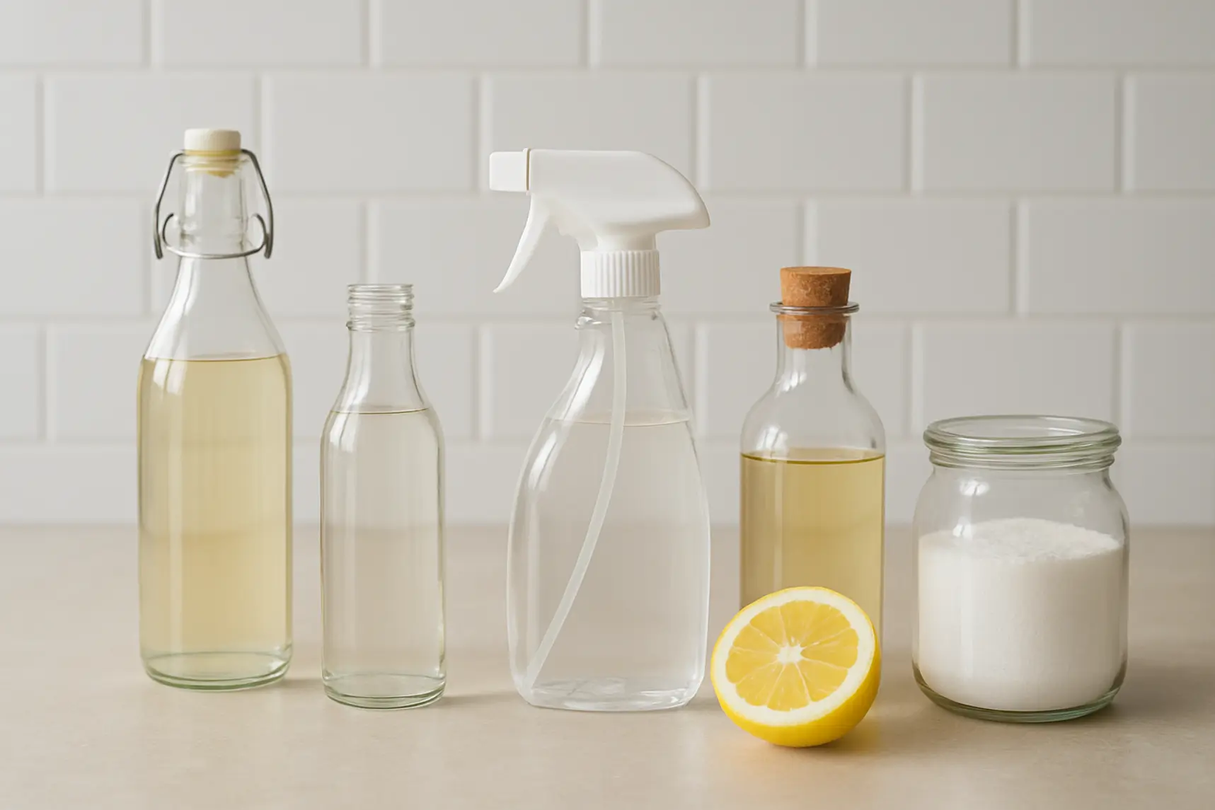 bottiglie e spruzzino con detergenti ecologici fatti in casa su un piano cucina