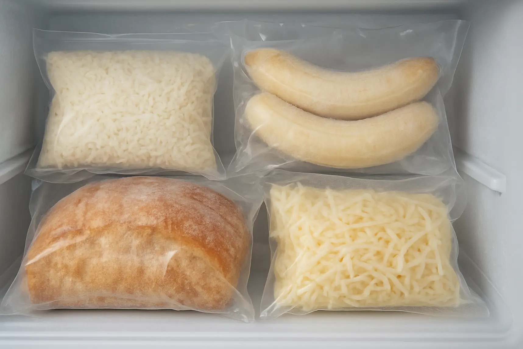 Alimenti congelati nel freezer: riso, banane, pane e formaggio in sacchetti sigillati