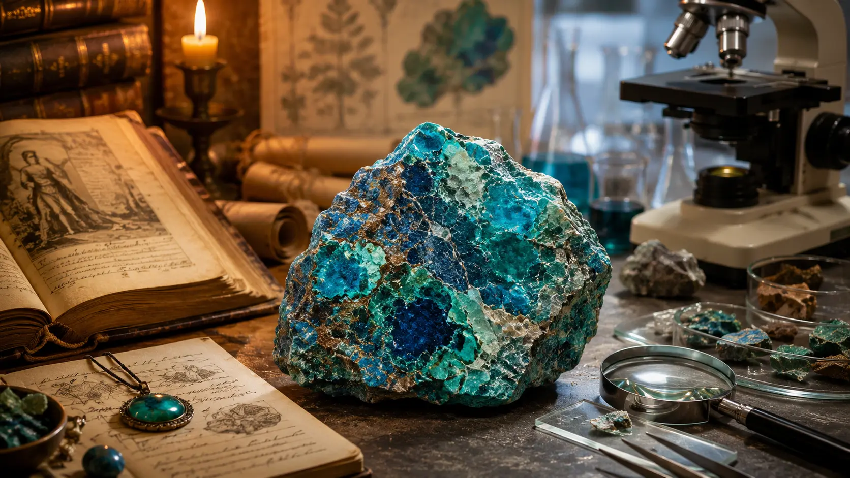 Campione di crisocolla, minerale di rame dal colore azzurro-verde, su roccia Crisocolla