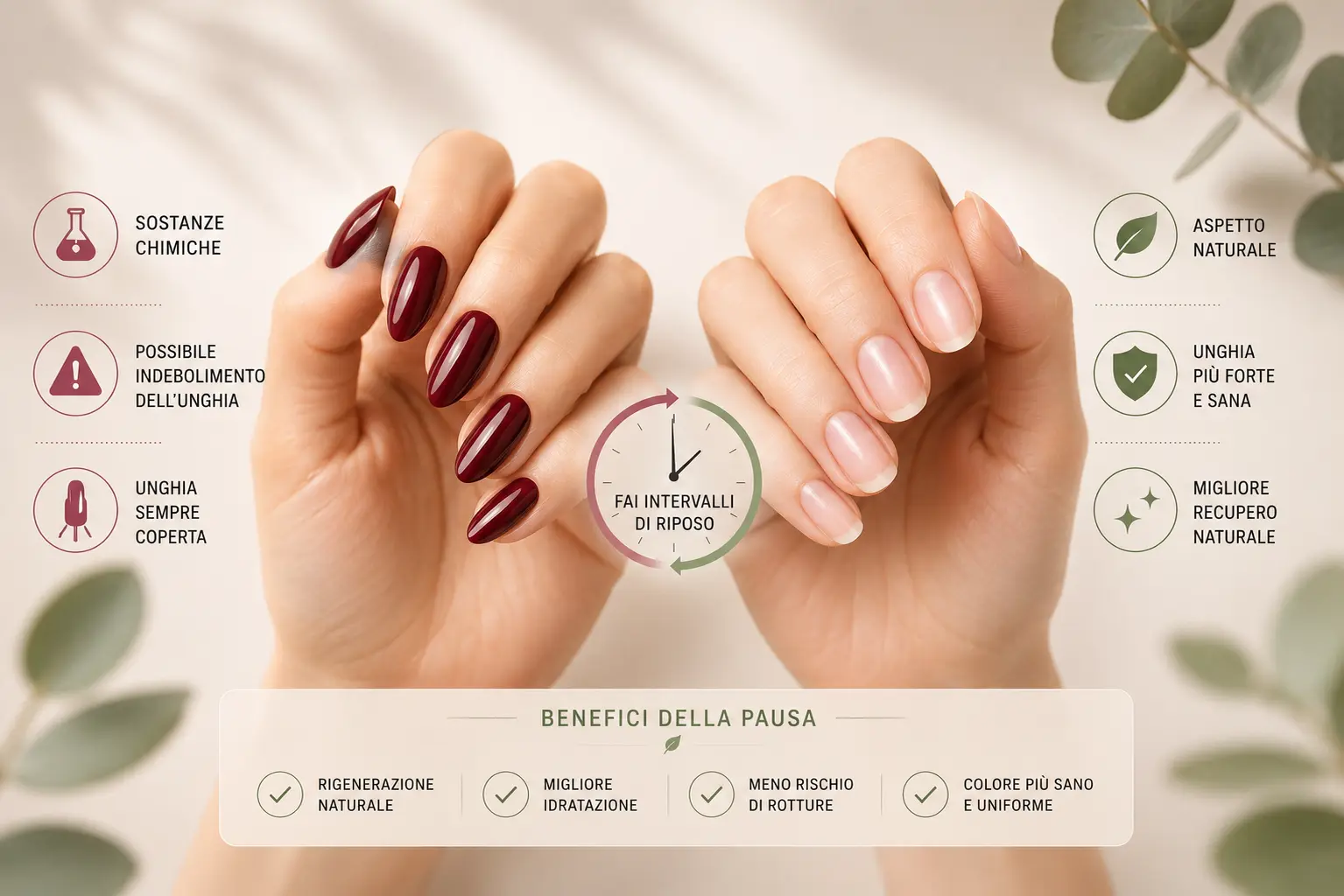 Mani con manicure curata e flacone di olio nutriente per cuticole fai respirare le tue unghie