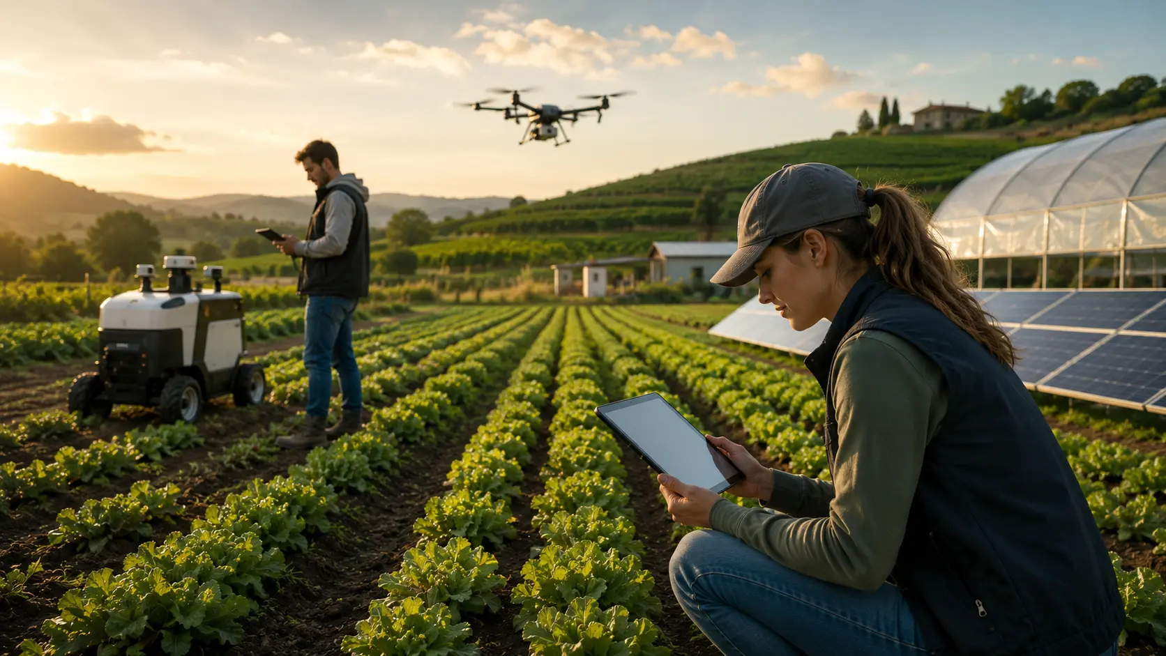 Giovane agricoltore usa un tablet per l'agricoltura di precisione nei campi giovani e agricoltura