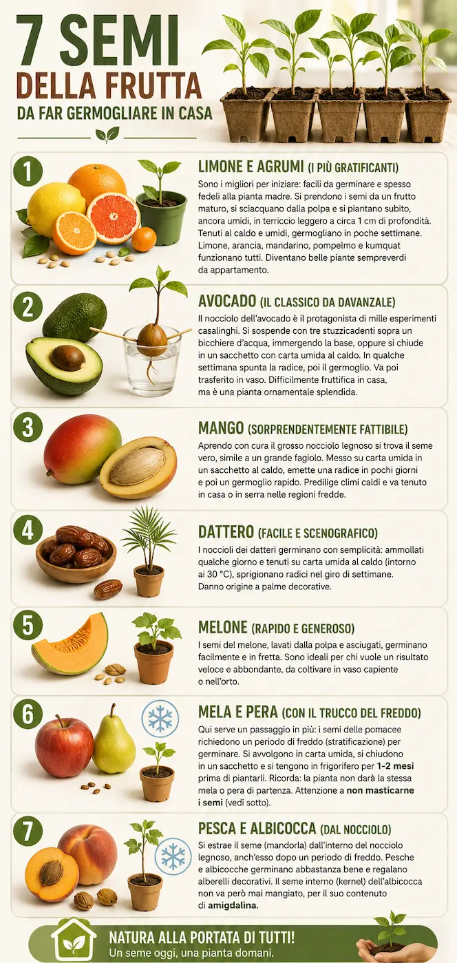 Infografica 7 semi della frutta da fare germogliare