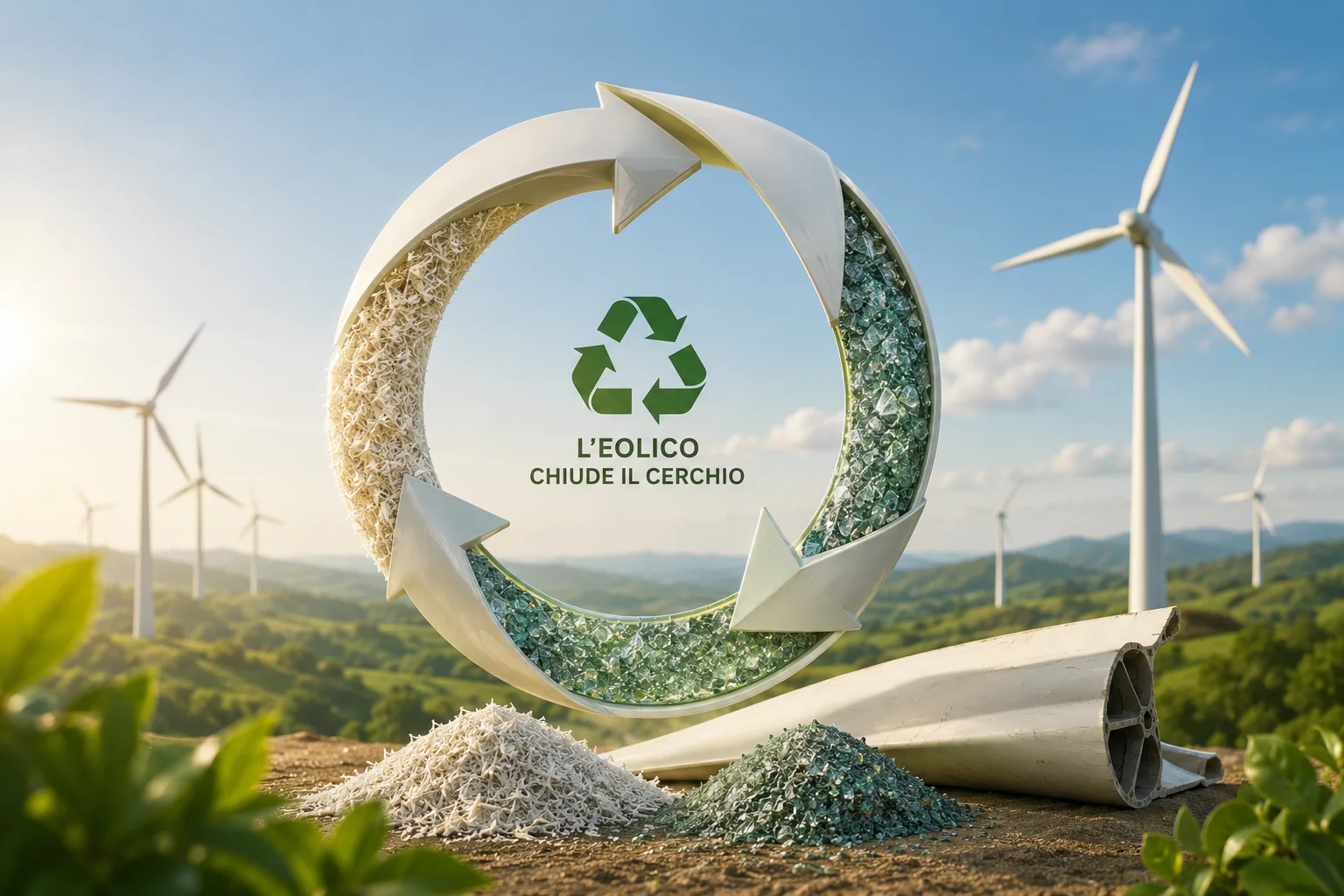 Pale eoliche di una turbina offshore contro il cielo, simbolo dell'energia eolica riciclabile pale eoliche riciclabili