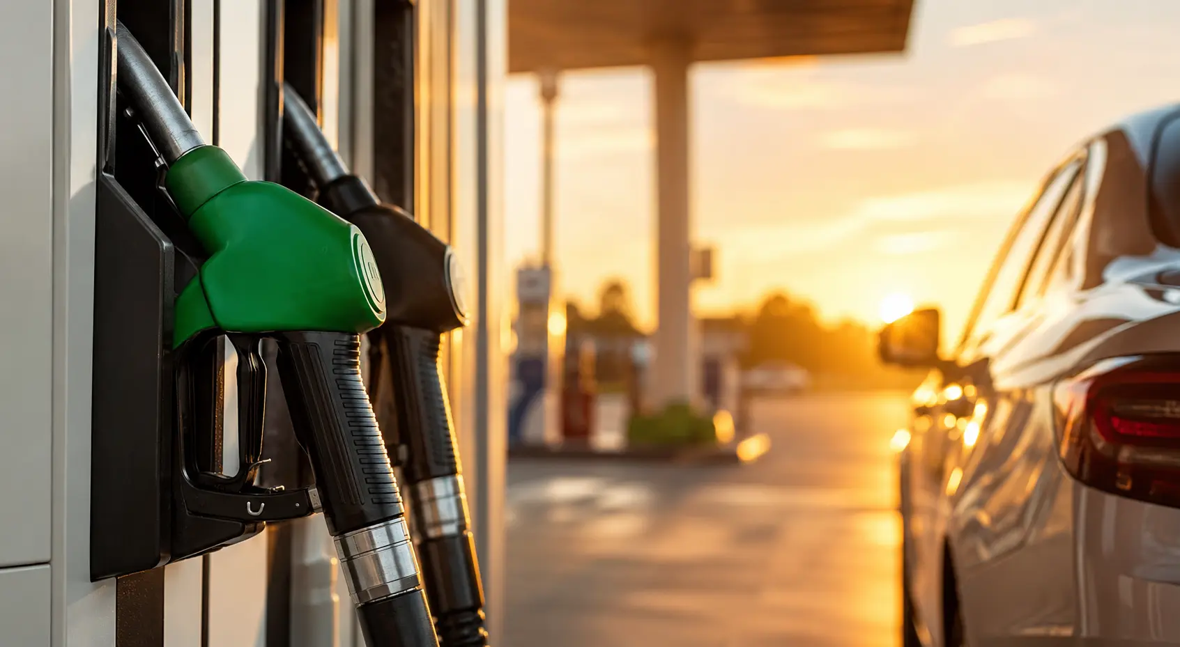 Pistola erogatore di carburante inserita nel serbatoio di un'auto a un distributore Prezzi dei carburanti