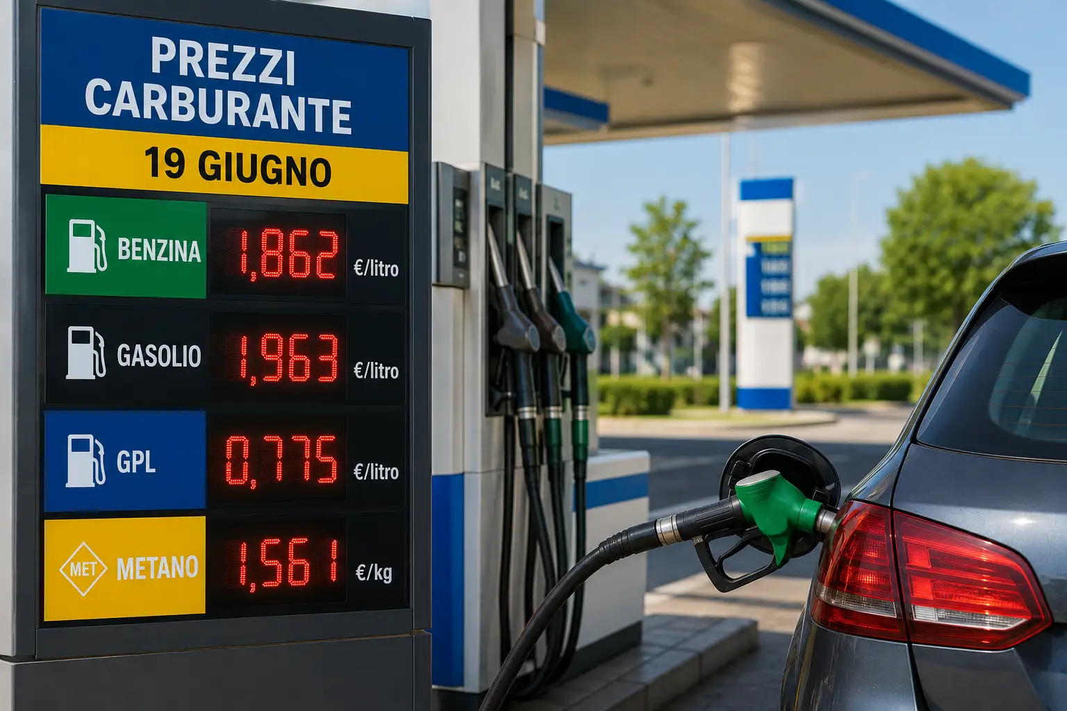 prezzi benzina e diesel di un distributore di carburante italiano con benzina e diesel prezzi-benzina-diesel-oggi-giugno-2026
