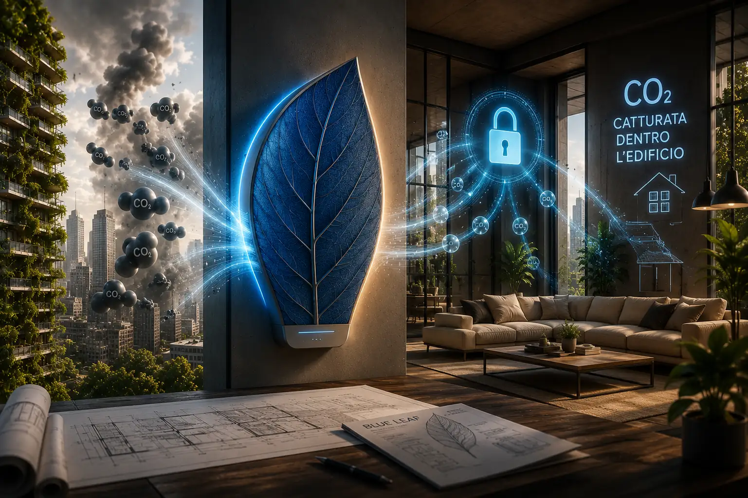 mpianto Blue Leaf per la cattura della CO2 all'interno di un ufficio Blue Leaf, cattura della CO2 negli edifici