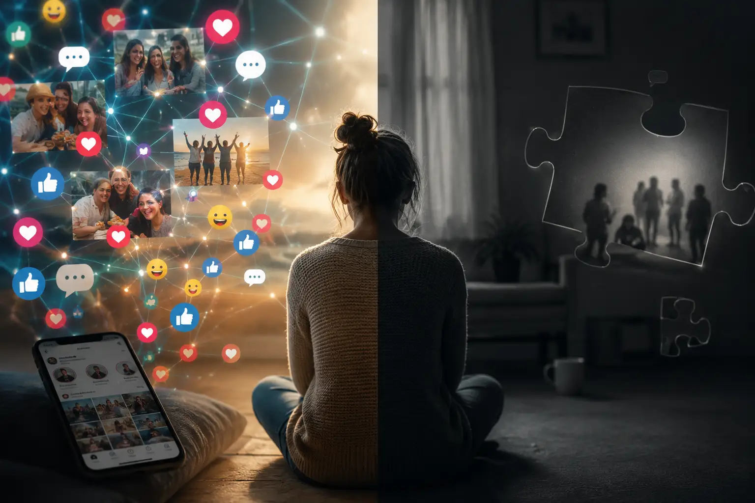 Gruppo di persone sedute insieme, ciascuna assorta nello schermo del proprio smartphone social e socialità