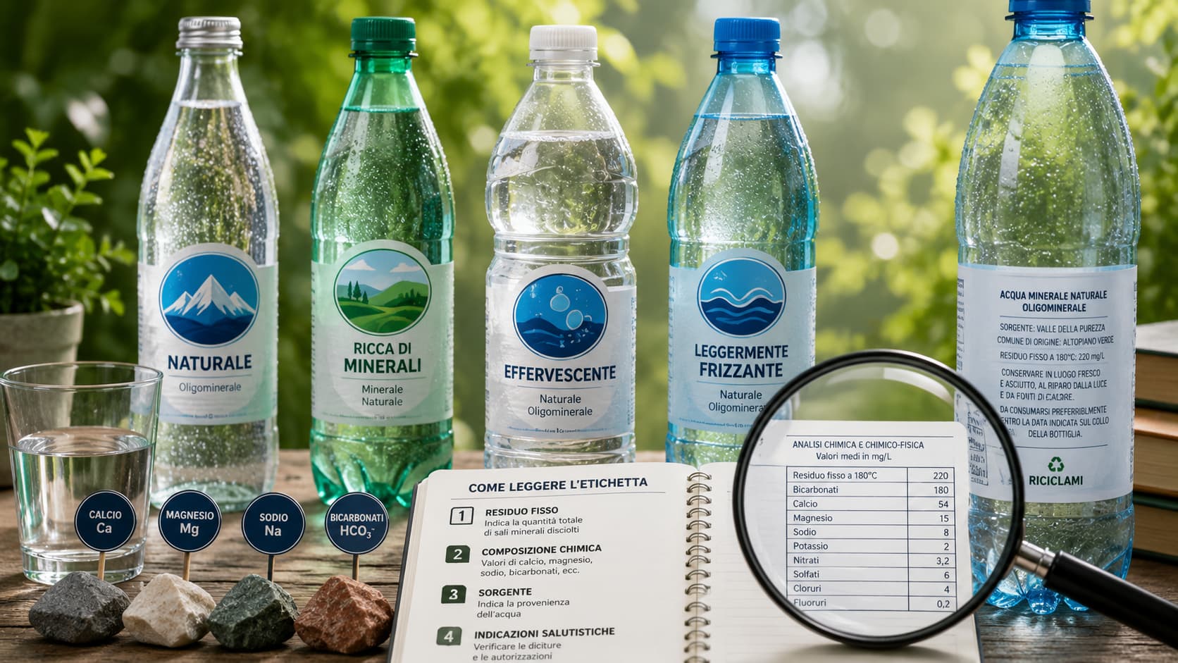 Etichette di una bottiglia di acqua minerale con valori di residuo fisso e sali Speciale acque minerali