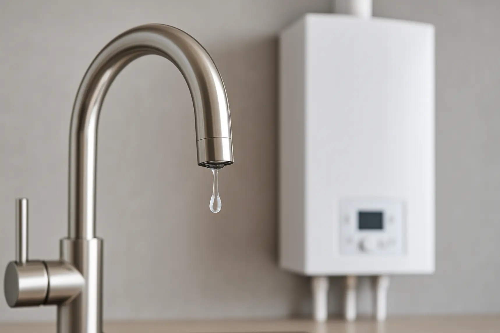 Rubinetto con goccia d'acqua e caldaia sullo sfondo
