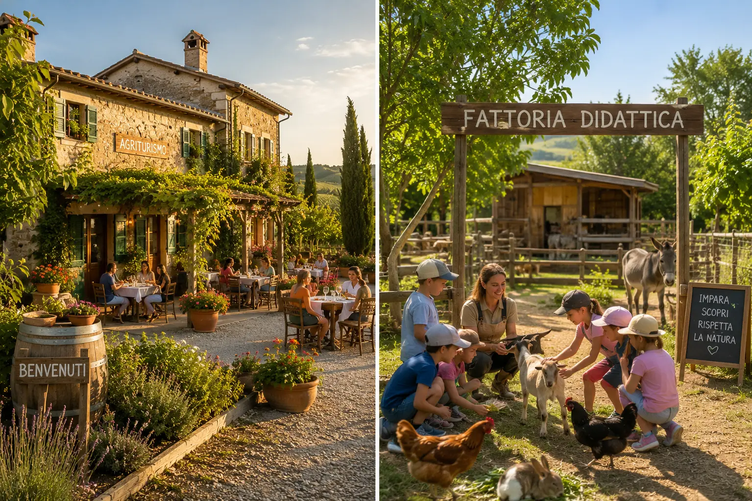 Casale di campagna con tavoli all'aperto e campi coltivati, esempio di azienda agrituristica aprire-un-agriturismo