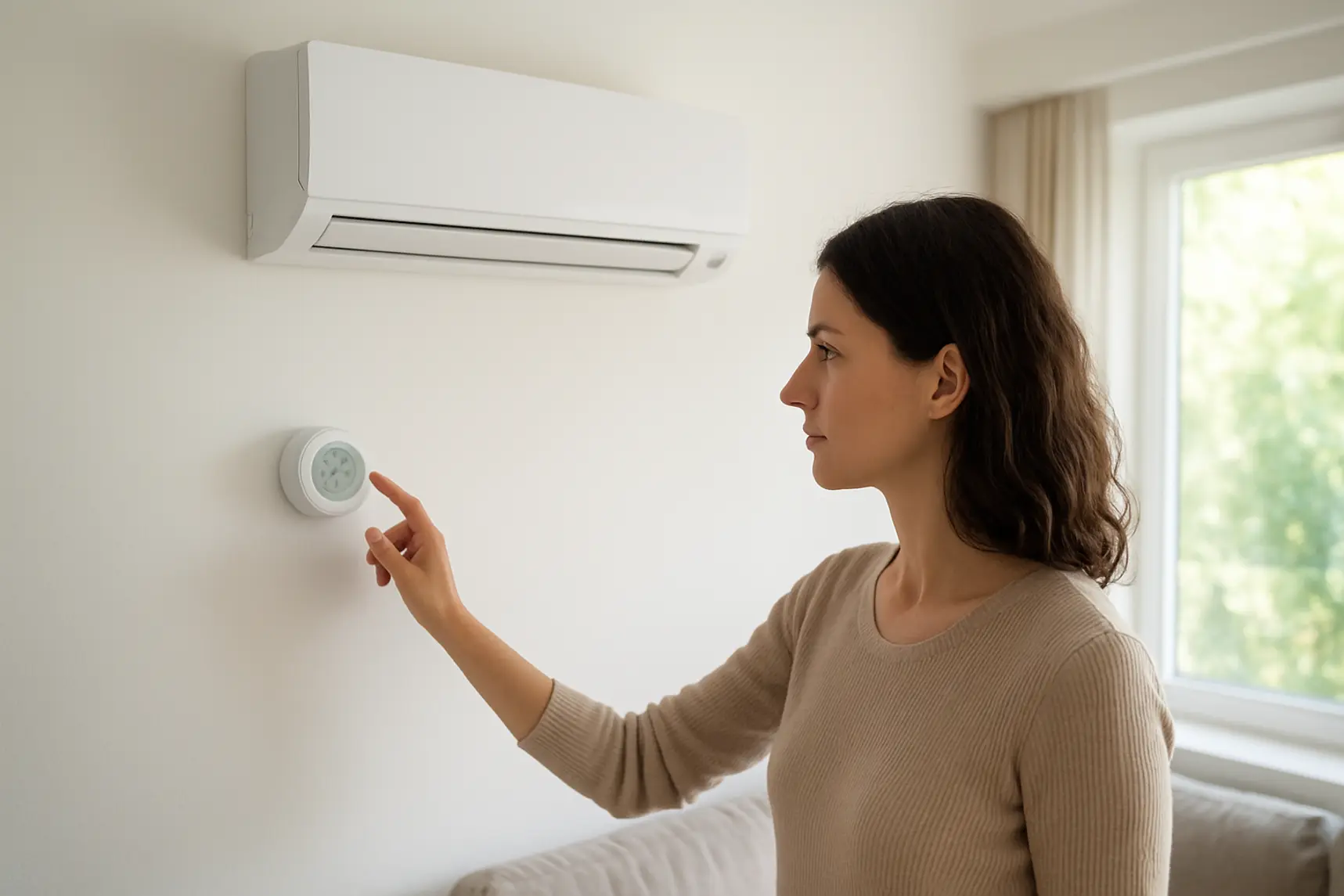 Condizionatore montato in soggiorno mentre si regola il termostato