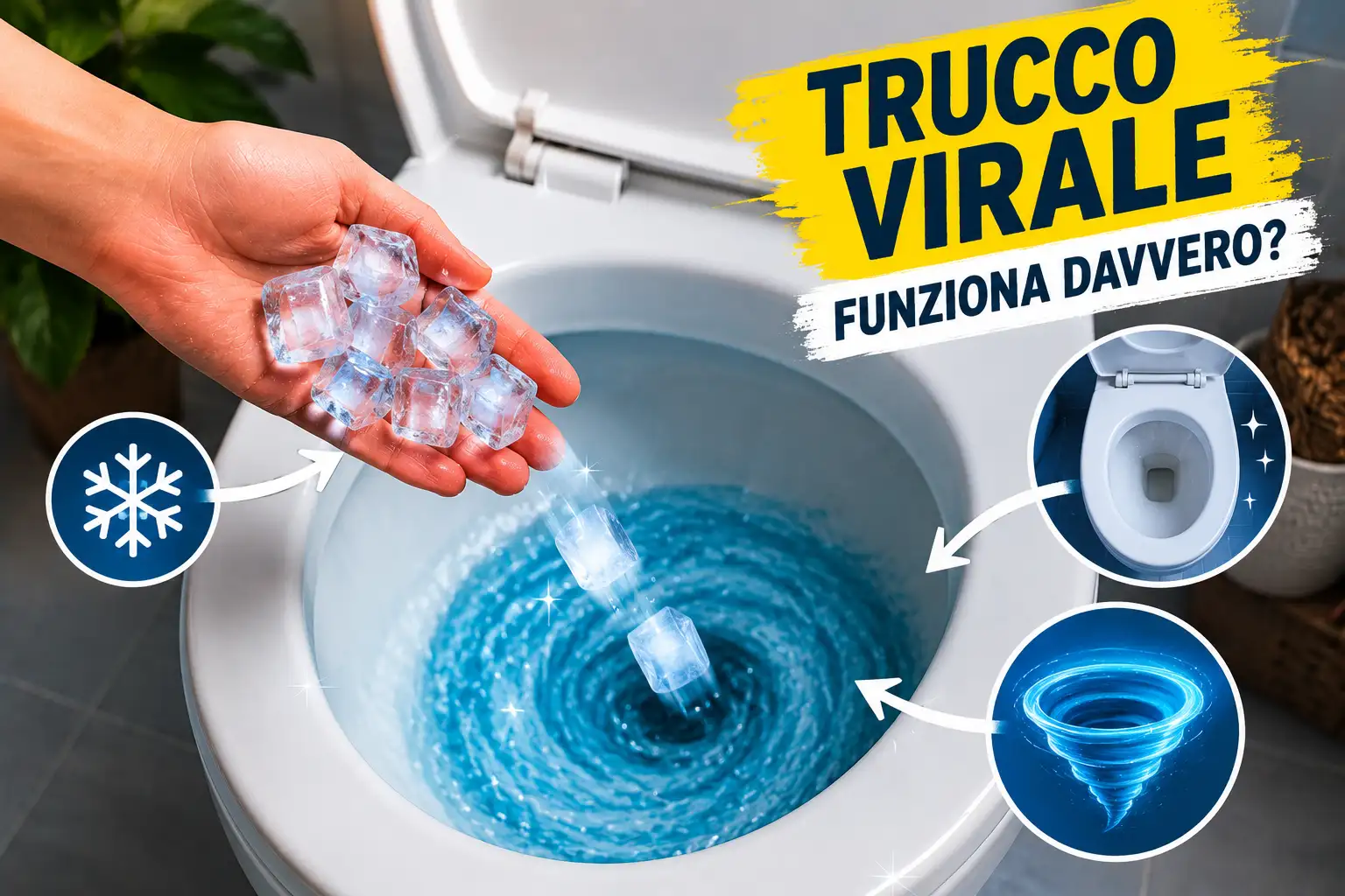Cubetti di ghiaccio versati nella tazza del WC per la pulizia cubetti di ghiaccio nel WC