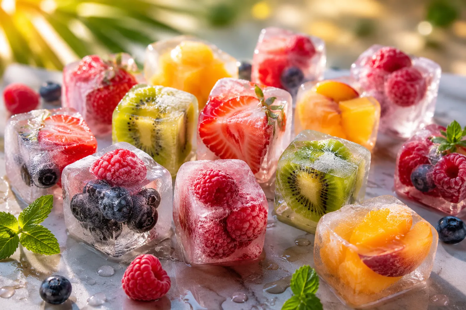 Cubetti di ghiaccio con pezzetti di frutta colorata per bevande estive Frutta congelata cubetti di ghiaccio con frutta