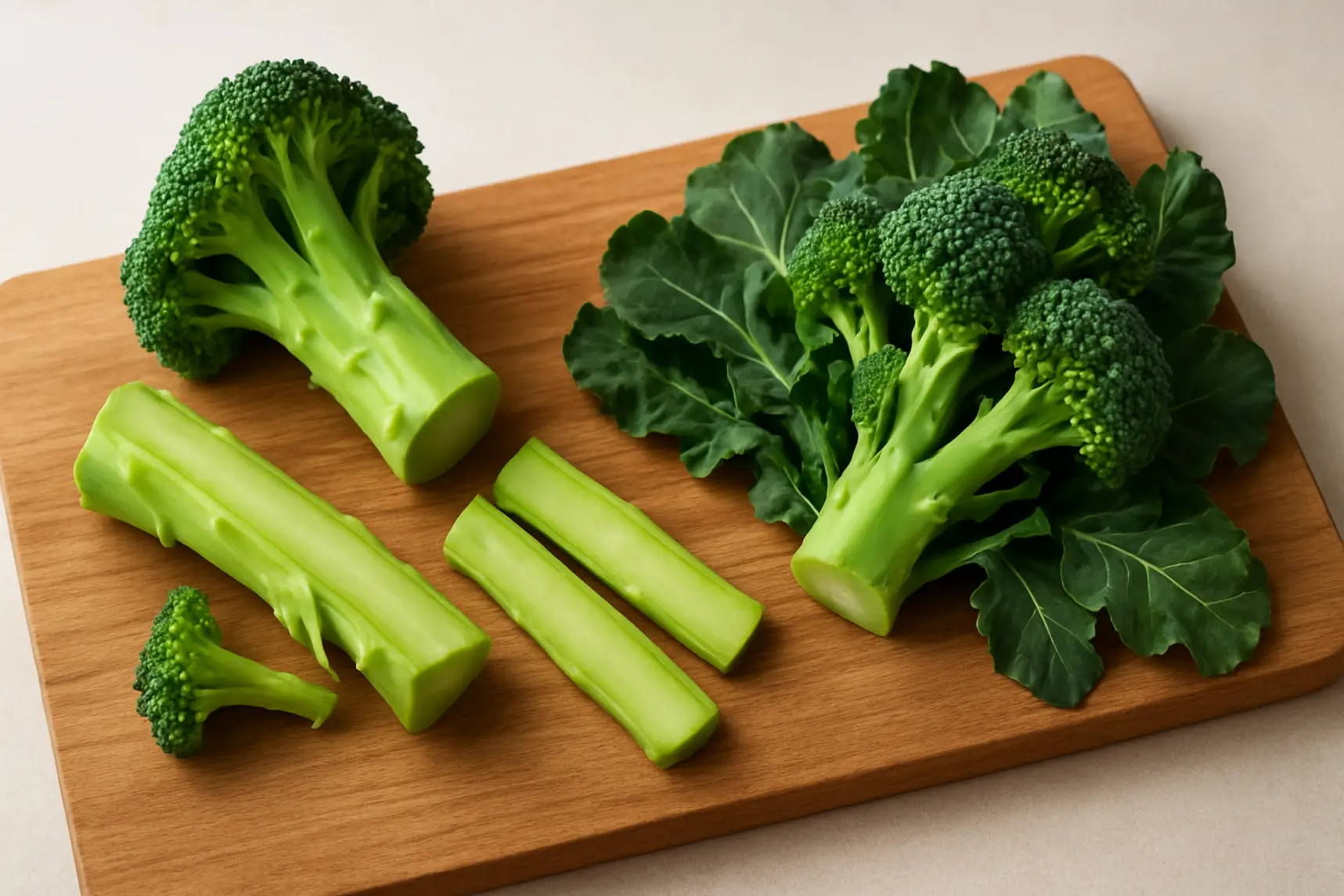 Gambo e foglie di broccolo tagliati su un tagliere