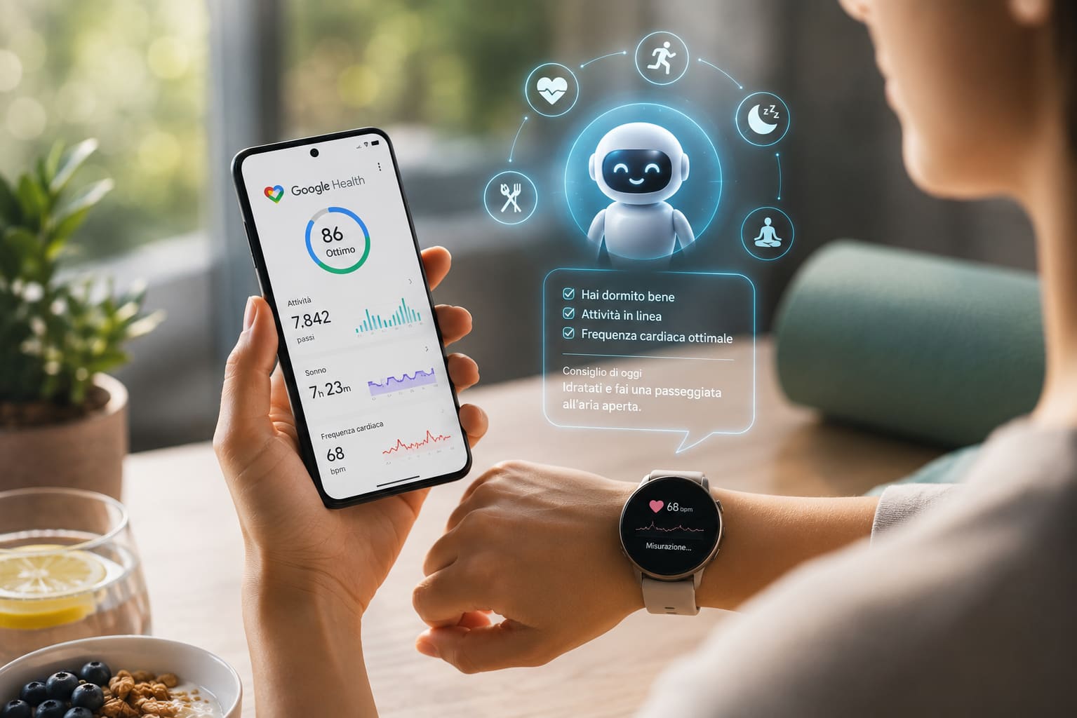 Smartphone con un'app per la salute e un dispositivo indossabile per il monitoraggio del benessere Google Health