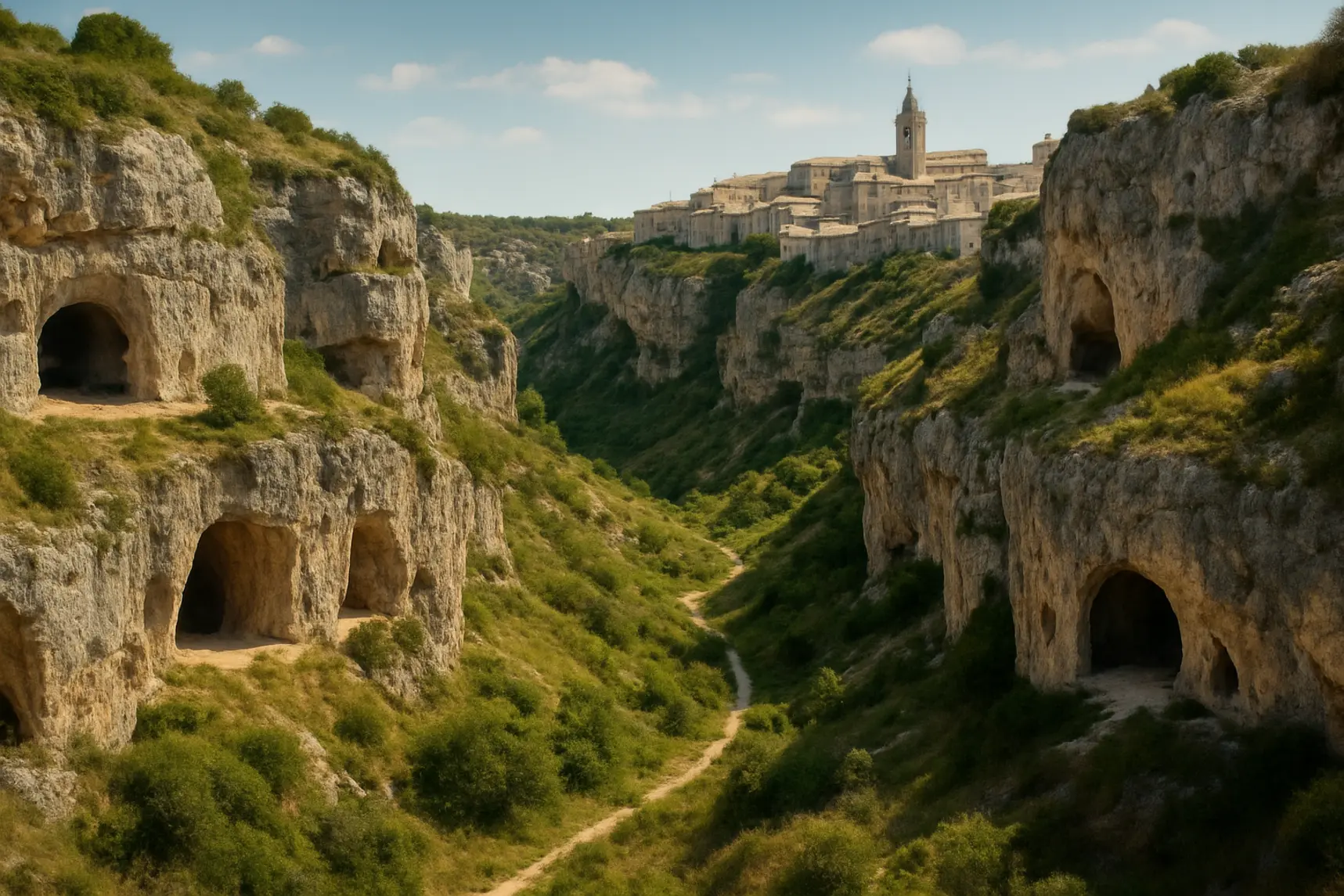 Veduta di una gravina in Puglia con pareti rocciose e aperture di grotte vicino a un borgo