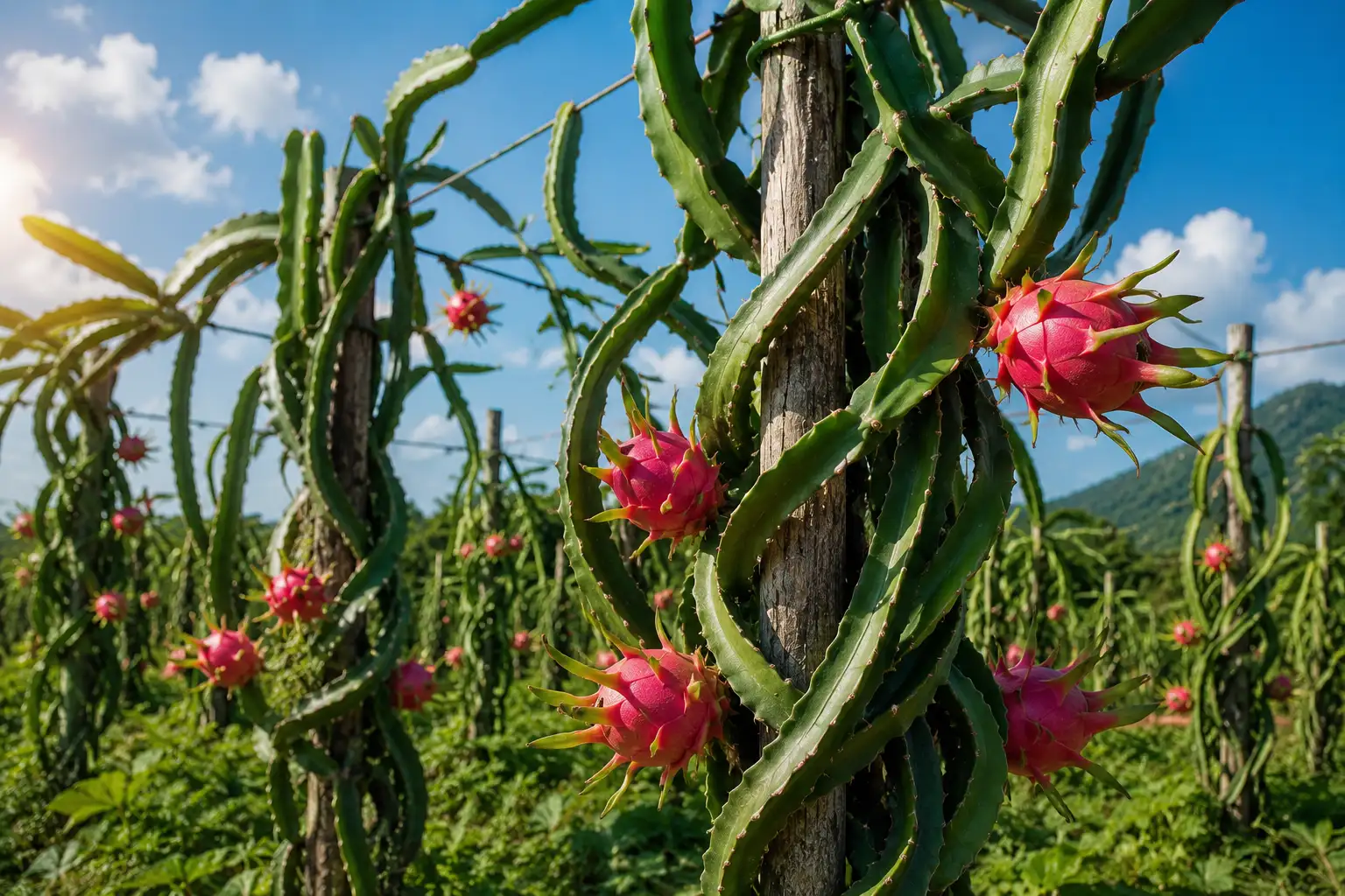 Pianta di Hylocereus undatus con frutto del drago maturo e fusti rampicanti hylocereus-undatus