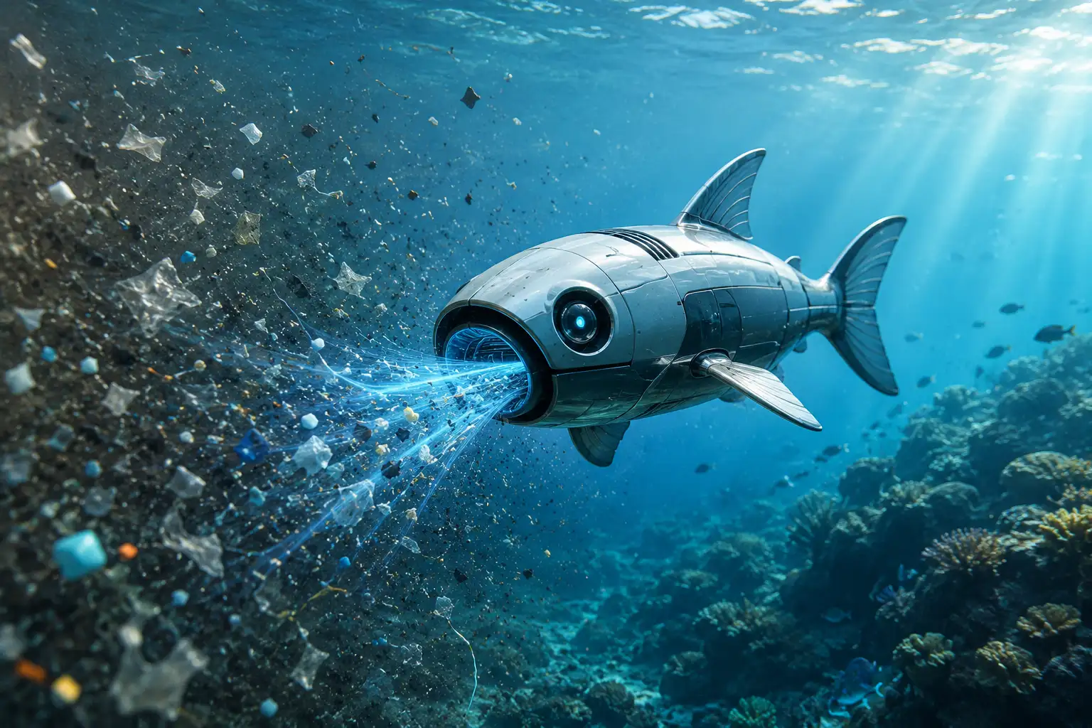 Pesce robot mangia plastica stampato in 3D che filtra microplastiche dall'acqua del mare pesce-robot-mangia-plastica