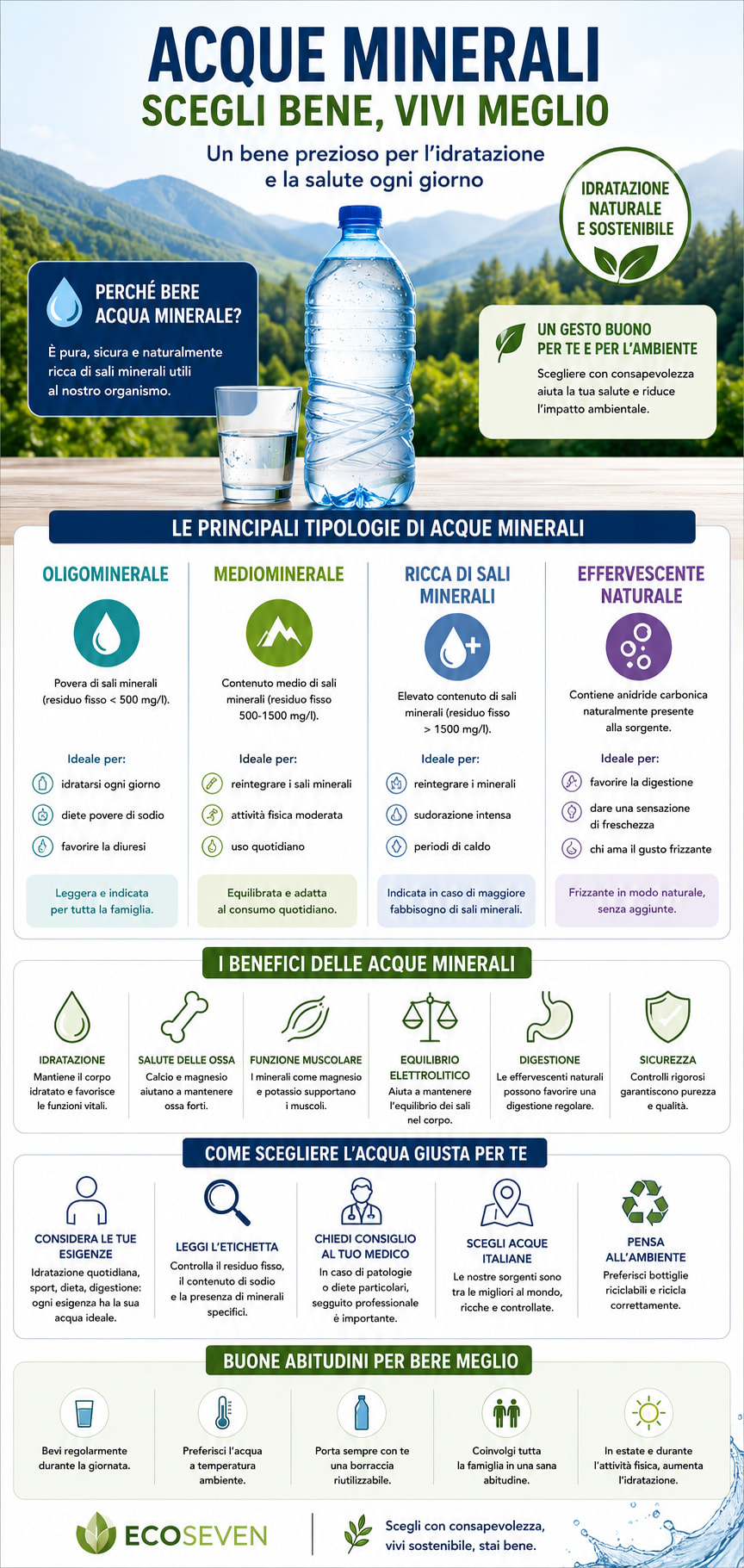 Infografica illustrativa varie tipologie di acque minerali infografica, acque minerali
