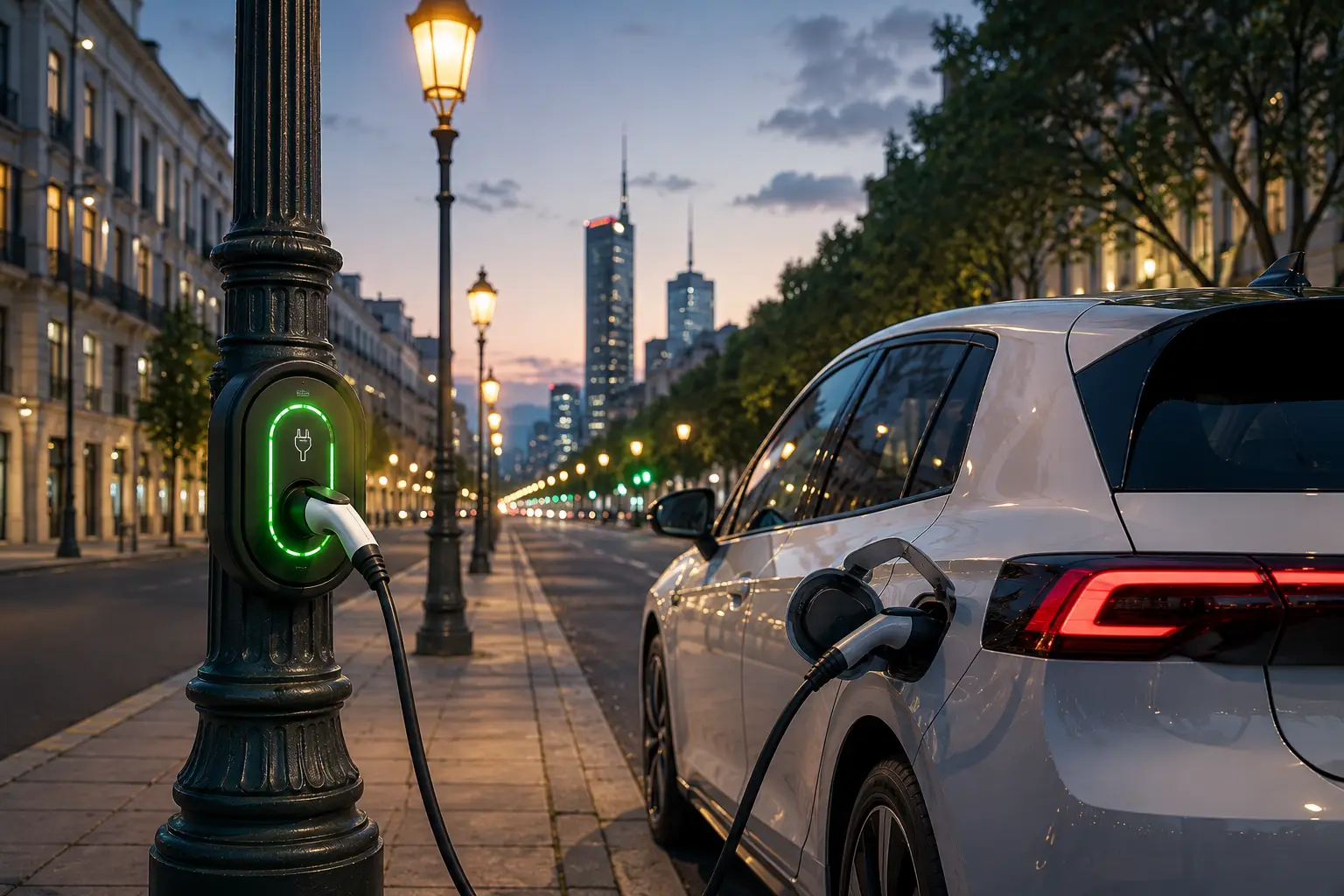 Lampione stradale smart trasformato in punto di ricarica per auto elettrica in città Lampioni ricarica batterie
