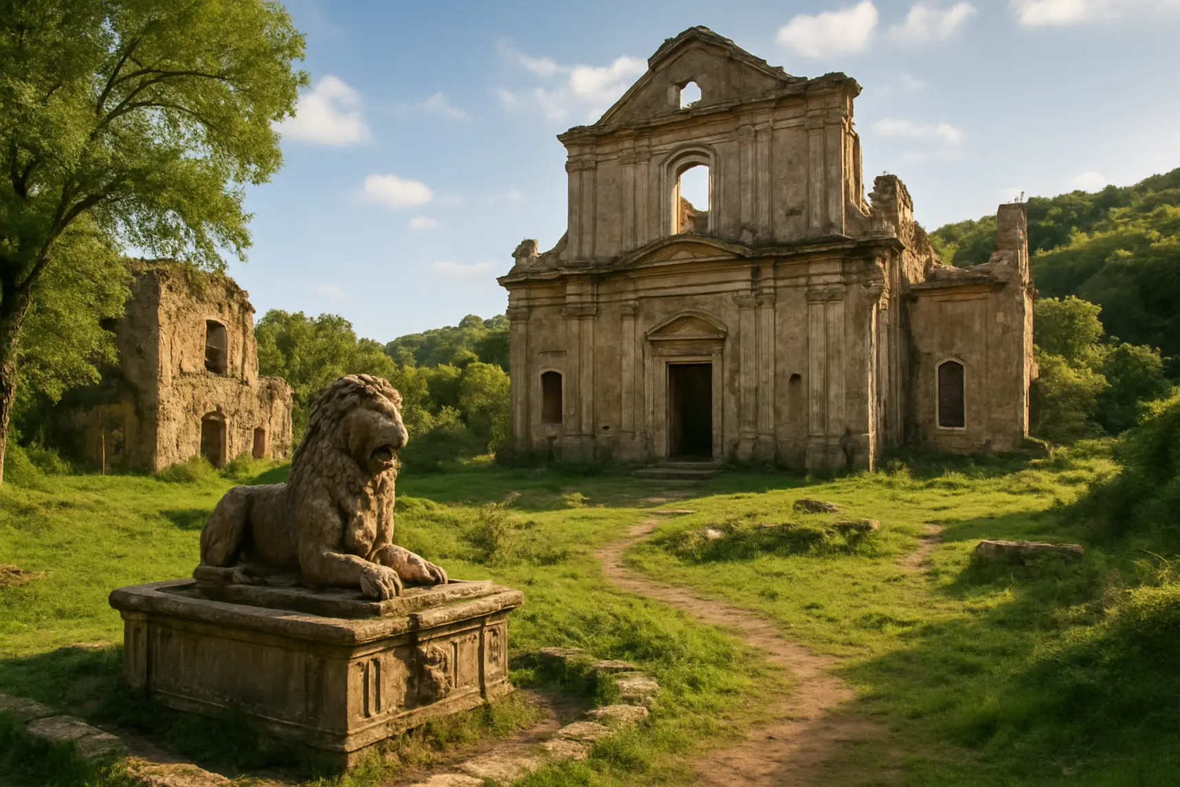 Ruderi barocchi e natura nella Riserva naturale di Monterano con la fontana del Leone e resti della chiesa