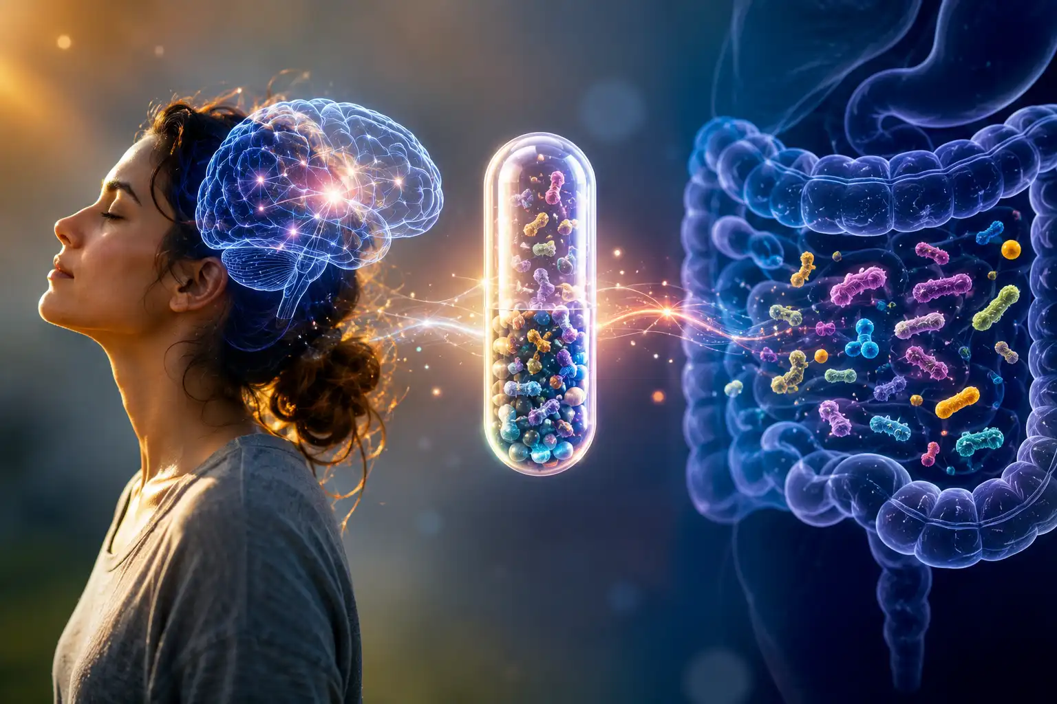 Capsula con illustrazione del microbioma intestinale e legame con la salute mentale Pillola del microbioma e depressione