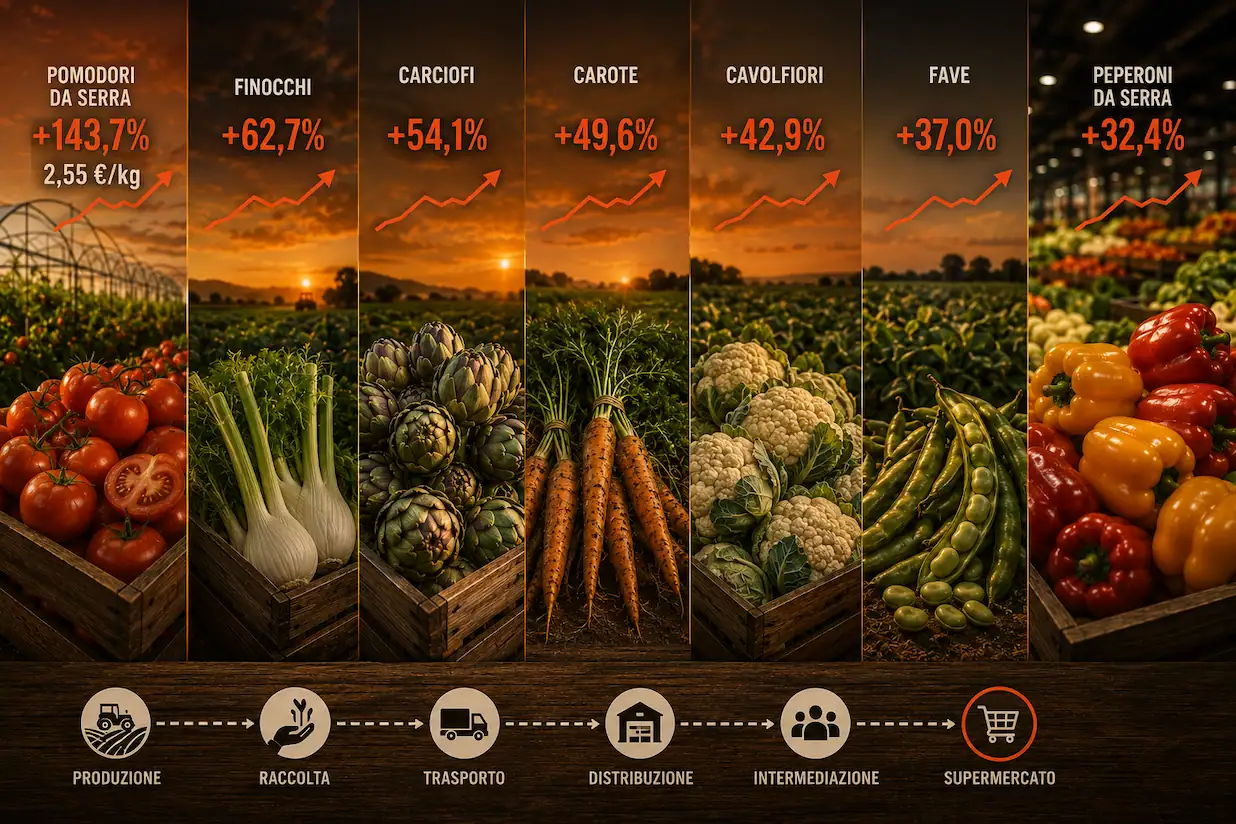 Prezzi degli ortaggi: banco di frutta e verdura al mercato in Italia prezzi degli ortaggi 2026