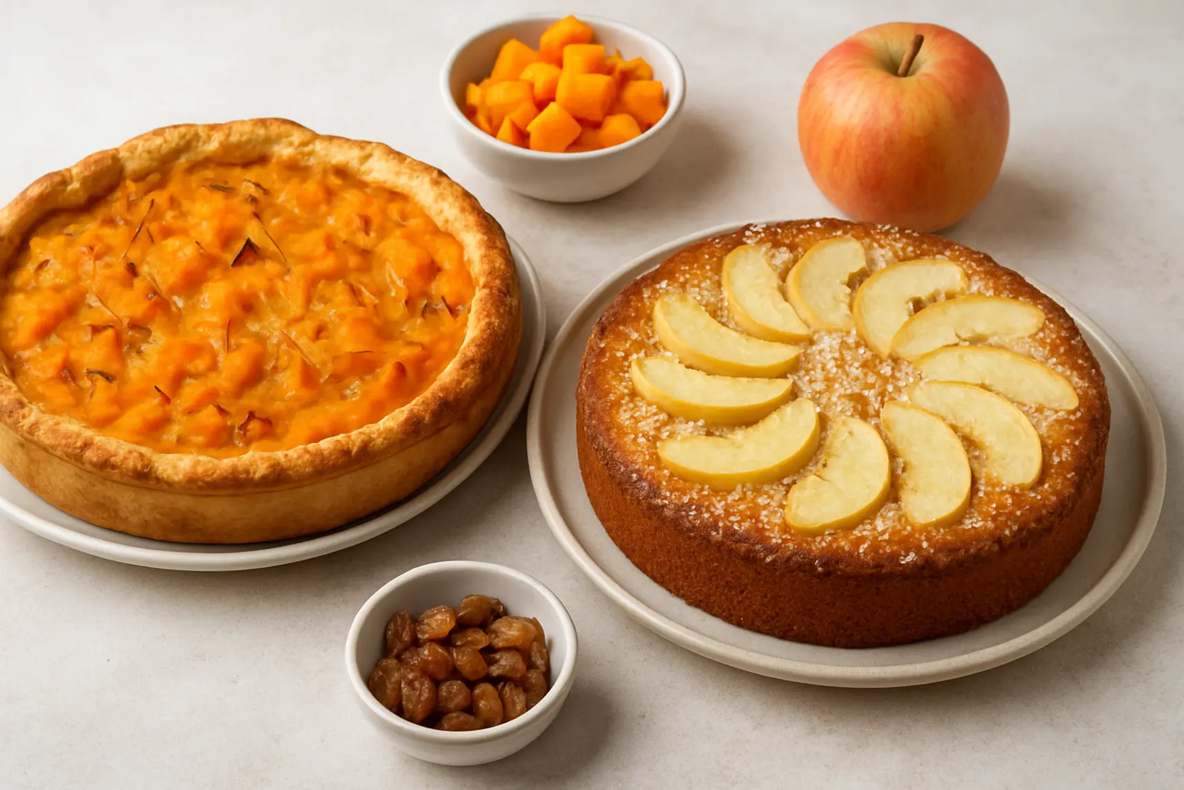 Torta salata con zucca dorata e dolce al cocco con mele a fette