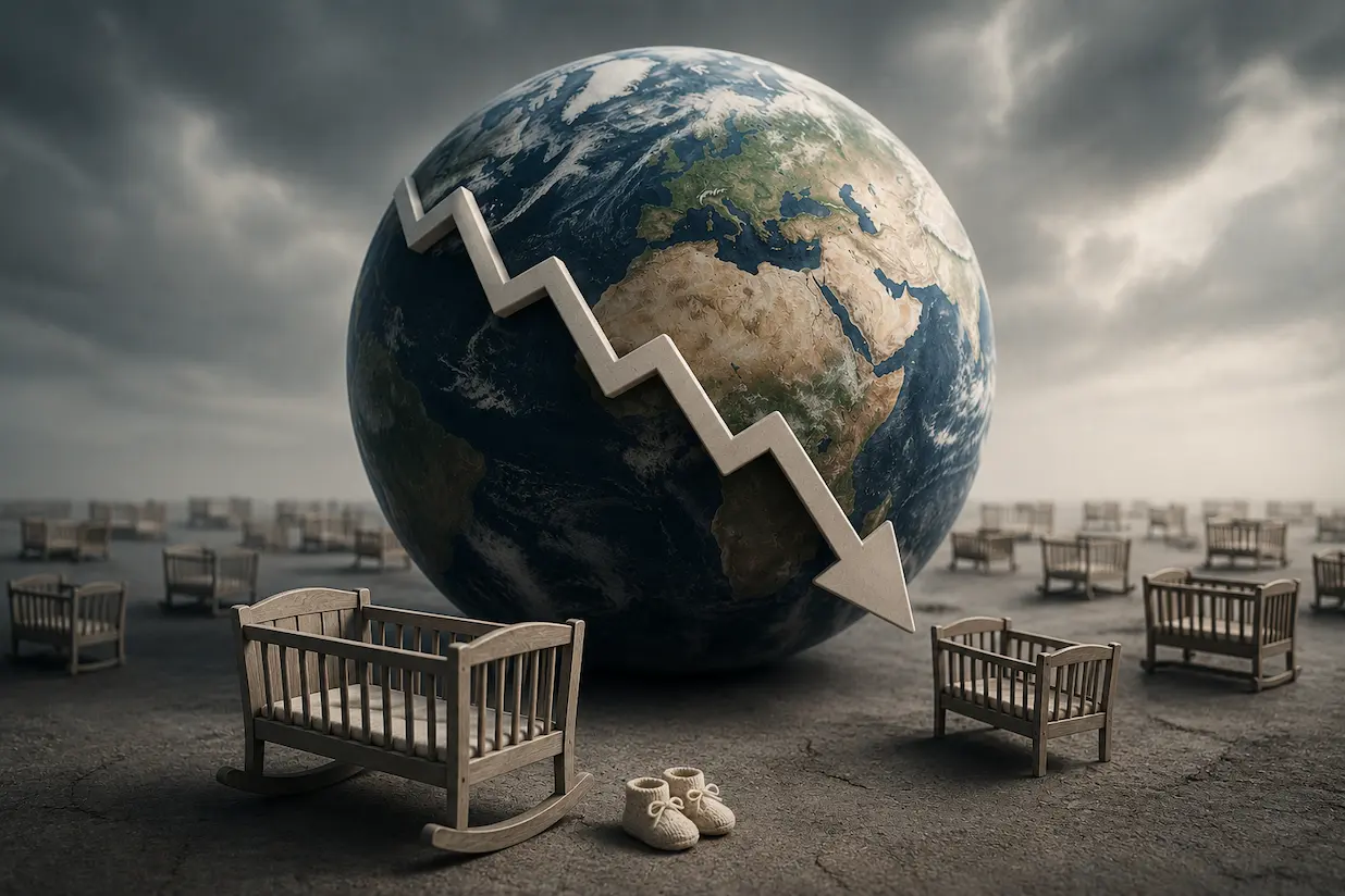grafico stilizzato dell'andamento demografico mondiale in calo Calo demografico mondiale