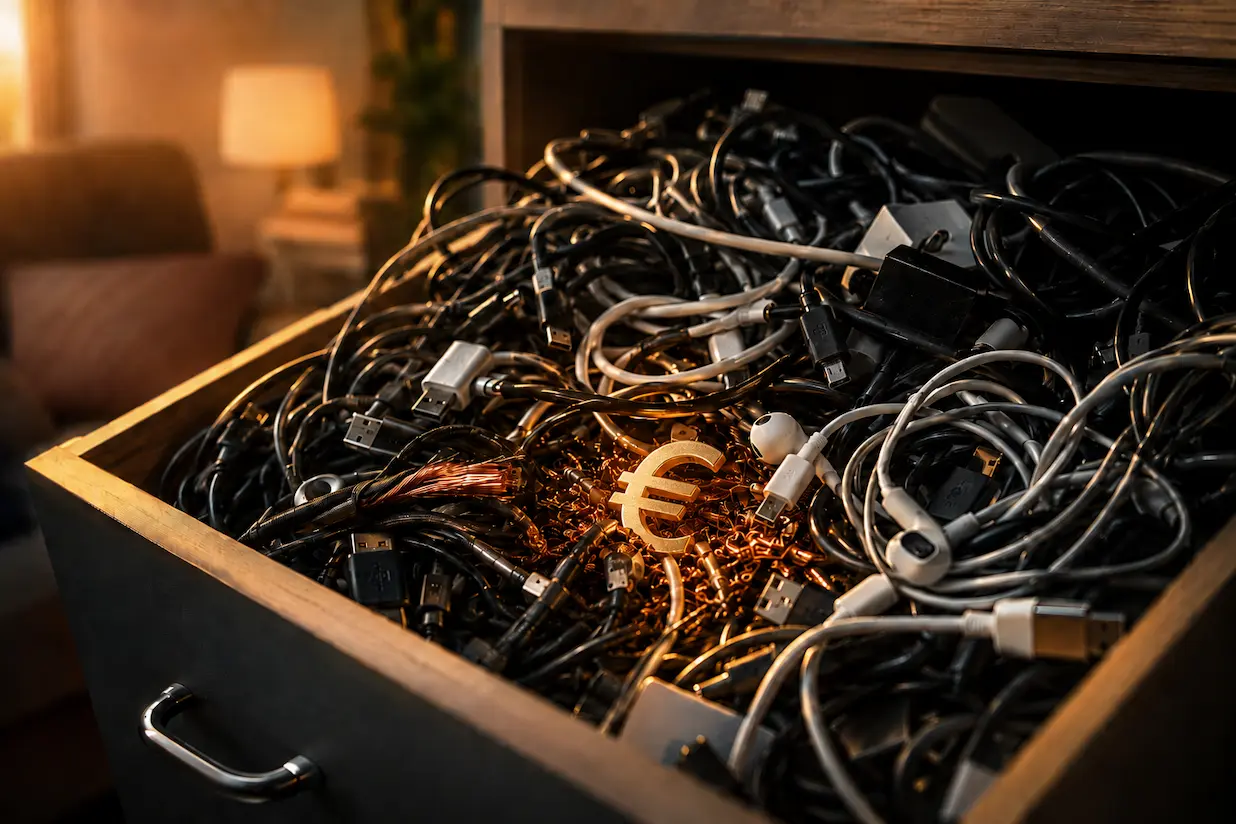 Groviglio di cavi USB e caricabatterie inutilizzati in un cassetto cavi inutilizzati riciclo RAEE