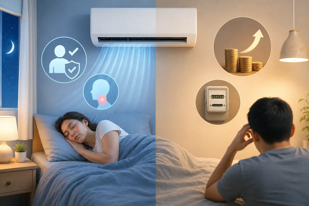 condizionatore di notte acceso in camera da letto con telecomando che mostra la temperatura impostata Condizionatore di notte: impostazioni e consumi