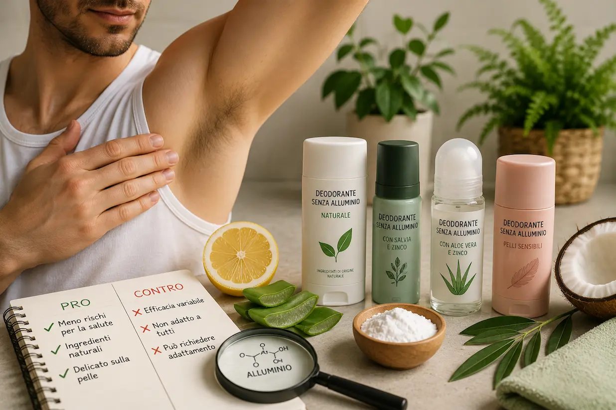 Deodorante stick senza alluminio applicato sull'ascella, tema salute e sudorazione Deodoranti senza alluminio