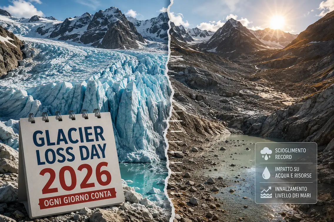 Ghiacciaio alpino in fusione durante l'estate 2026 Ghiacciai Alpini 2026