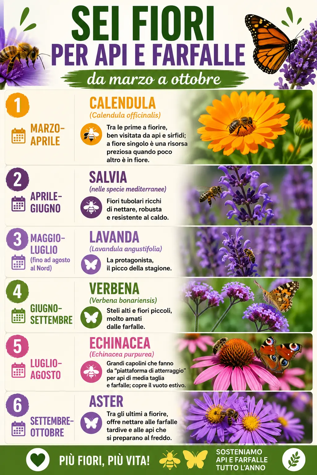 infografica 6 fiori per api e farfalle