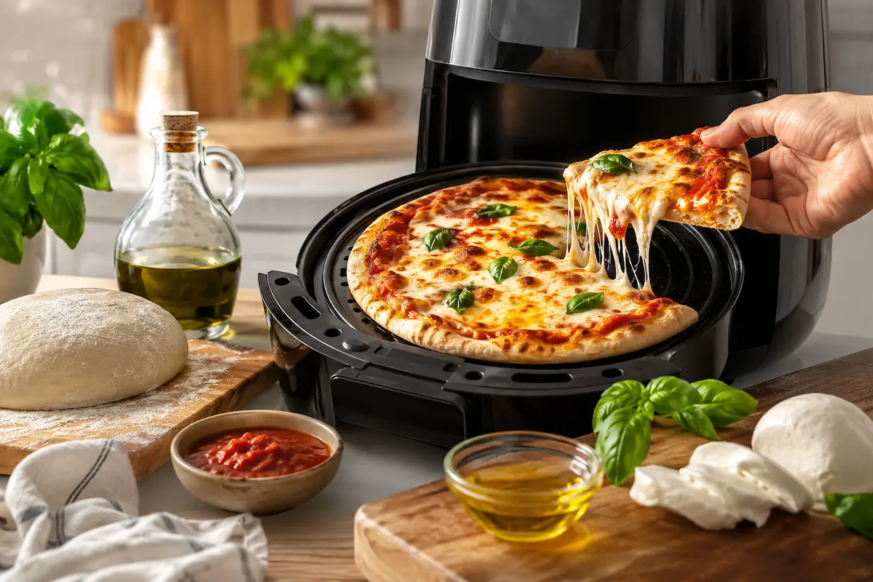 Pizza margherita in friggitrice ad aria appena cotta, croccante e con mozzarella filante Pizza in friggitrice ad aria