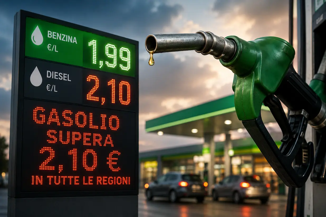 Prezzi carburanti 23 luglio 2026, colonnina self service con prezzi di benzina e gasolio Prezzi carburanti 23 luglio 2026
