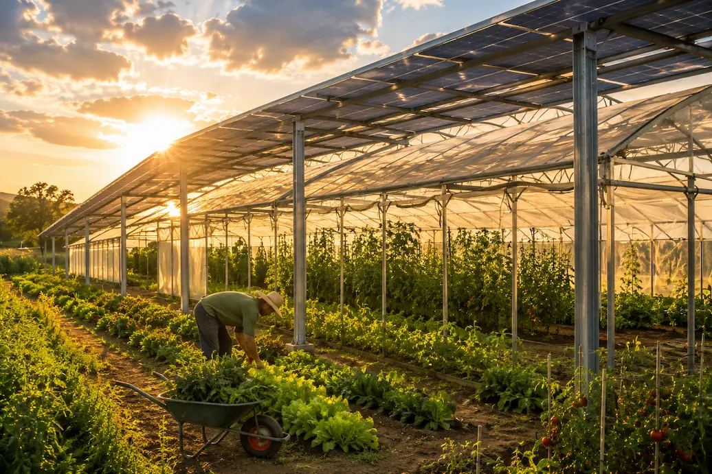 Impianto agrivoltaico: pannelli solari sopraelevati su un campo coltivato Agrivoltaico 2026 impianto pannelli campo