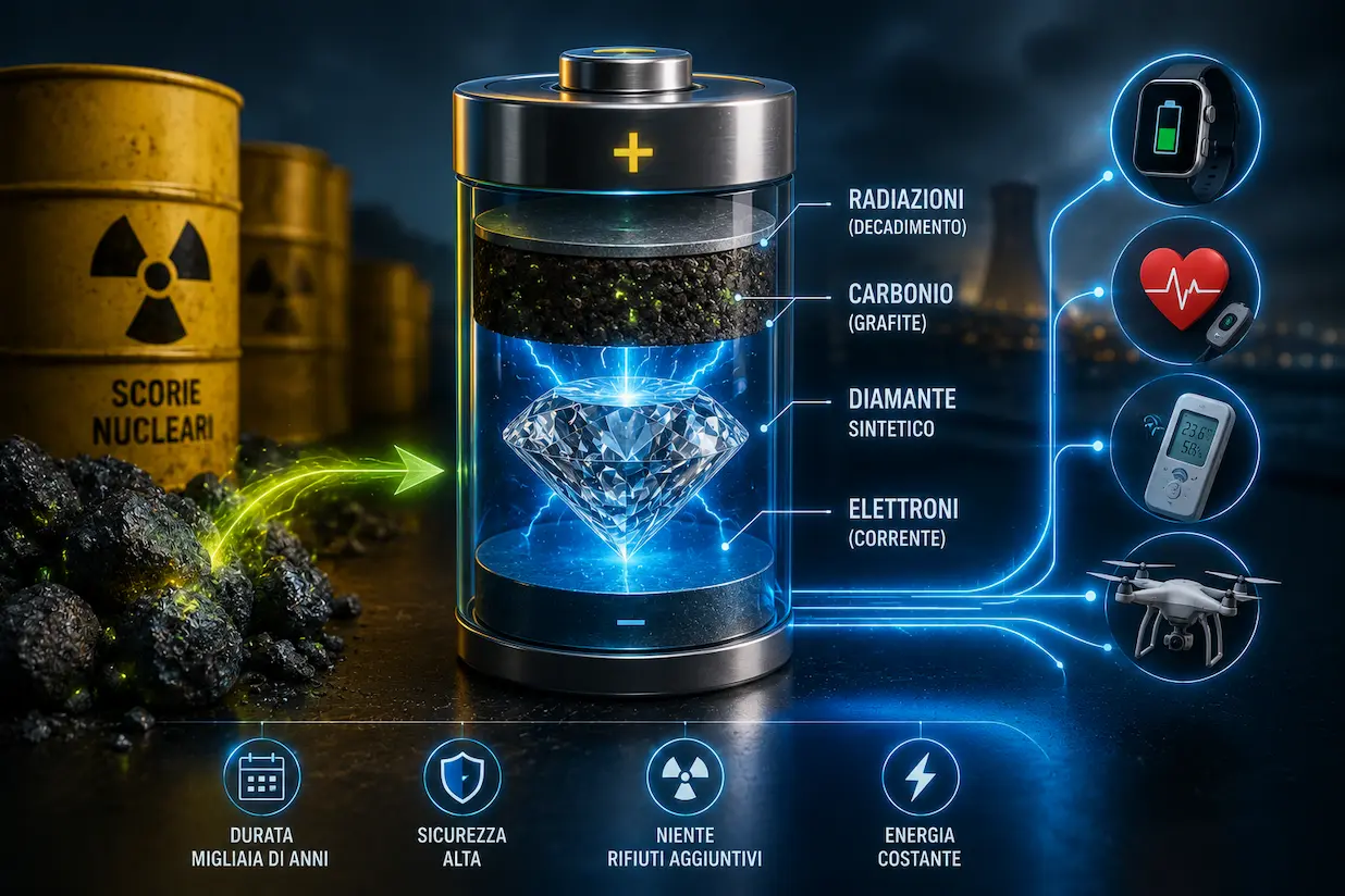 Grafico esplicativo del funzionamento di una batteria al diamante da scorie radiottive Batteria al diamante da scorie radiottive