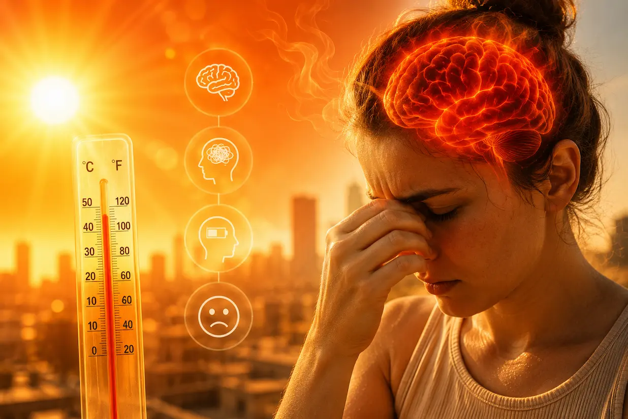 Persona sotto il sole durante un'ondata di calore, effetti sulla salute mentale Caldo estremo e salute mentale