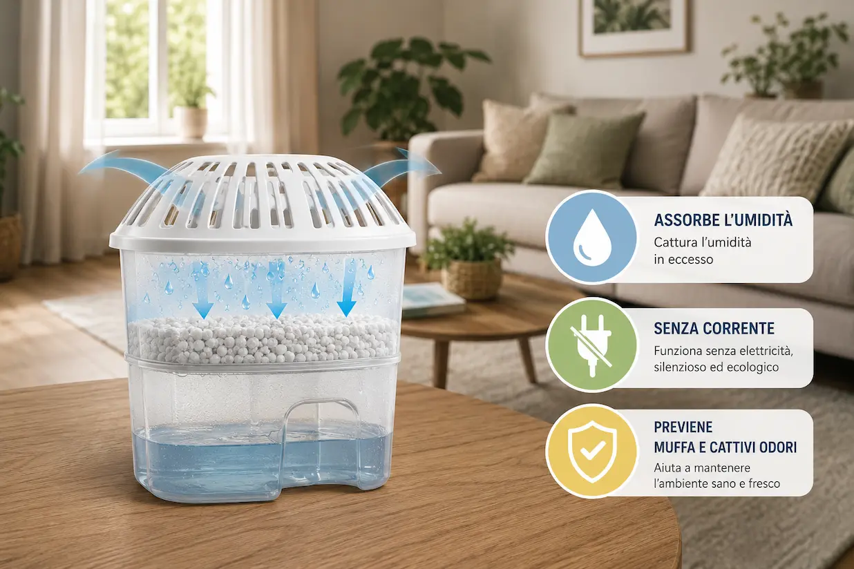 Deumidificatore senza corrente a sali con vaschetta di raccolta dell'acqua in un armadio Deumidificatore senza corrente: come funziona