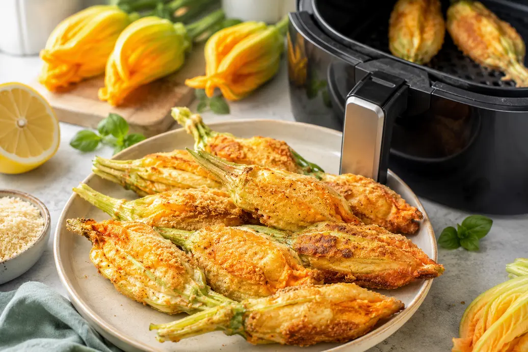 fiori di zucca in friggitrice ad aria ripieni ricotta croccanti e leggeri Fiori di zucca in friggitrice ad aria