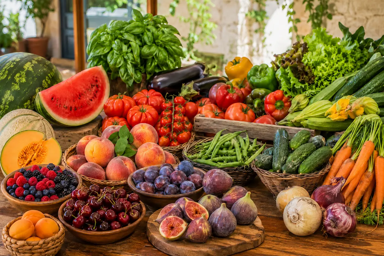 Frutta e verdura di stagione a luglio: albicocche, pomodori, anguria e melanzane Frutta e verdura di stagione luglio