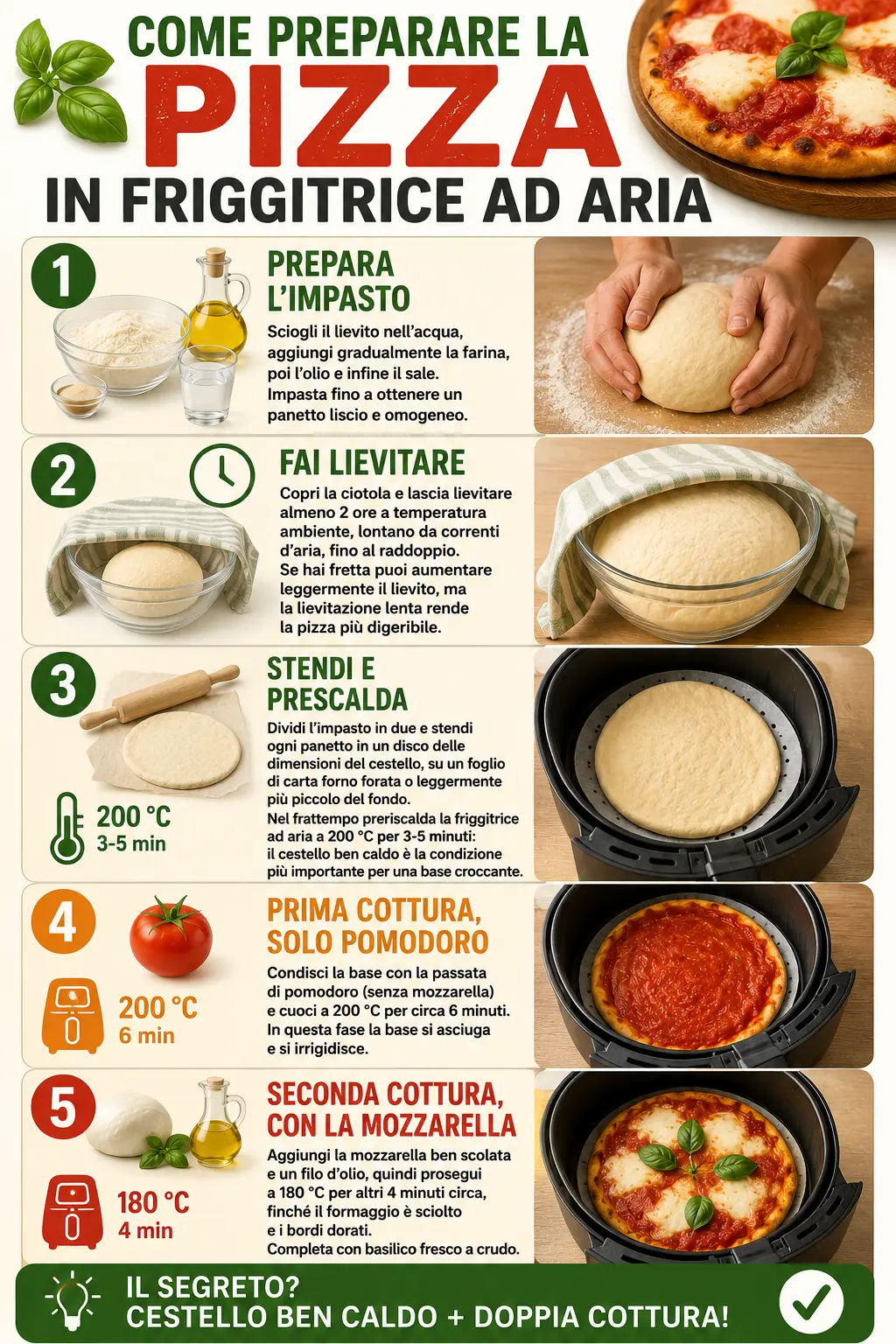 Infografica illustrativa e descrittiva su come preparare la Pizza in friggitrice ad aria Infografica Pizza in friggitrice ad aria