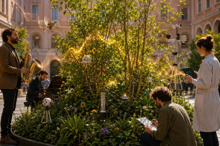 Microforesta urbana con specie della macchia mediterranea davanti a un edificio universitario Piante che suonano Jazz all'Università Sapienza di Roma